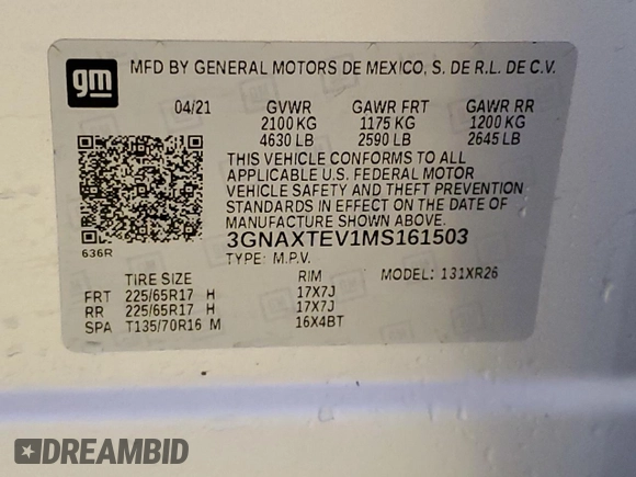 2021 Chevrolet Equinox LT with VIN 3GNAXTEV1MS161503, listed as a Copart auction lot 60896615 with 155,510 mi miles and Clean title. Bid and sale history available at DreamBid. Image 13.