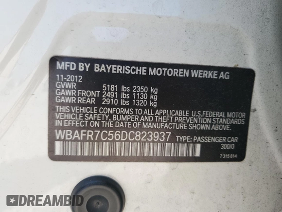 2013 BMW 5 Series 535i with VIN WBAFR7C56DC823937, listed as a Copart auction lot 52380345 with 110,067 mi miles and Salvage Title. Bid and sale history available at DreamBid. Image 12.