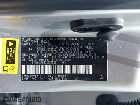 2013 Toyota Highlander Limited with VIN 5TDDK3EH9DS231526, listed as a IAAI auction lot 42425311 with 206,168 mi miles and . Bid and sale history available at DreamBid. Image 9.
