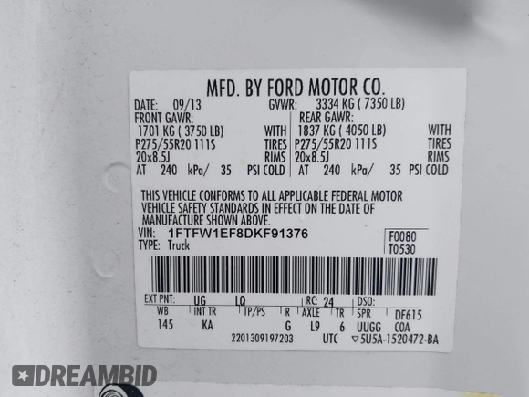 2013 Ford F-150 XL with VIN 1FTFW1EF8DKF91376, listed as a IAAI auction lot 41923110 with 226,254 mi miles and . Bid and sale history available at DreamBid. Image 9.