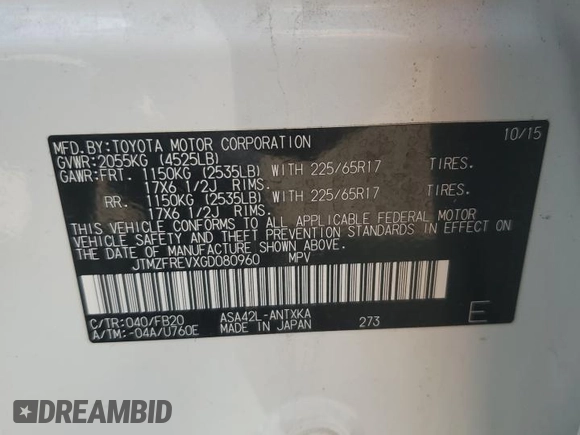 2016 Toyota RAV4 LE with VIN JTMZFREVXGD080960, listed as a Copart auction lot 52715025 with 0 mi miles and Salvage Title. Bid and sale history available at carsss.com. Image 13.