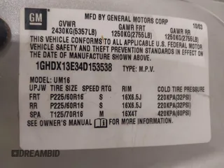 2004 Oldsmobile Silhouette Premiere Edition z VIN 1GHDX13E34D153538, wystawiony jako IAAI lot #41913380 z przebiegiem 121 745 mil mil oraz . Historia ofert i sprzedaży dostępna na DreamBid. Obrazek 9.