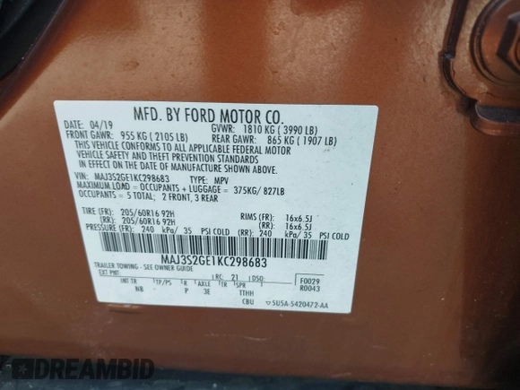 2019 Ford EcoSport SE with VIN MAJ3S2GE1KC298683, listed as a IAAI auction lot 41337638 with Not Provided miles and . Bid and sale history available at DreamBid. Image 9.