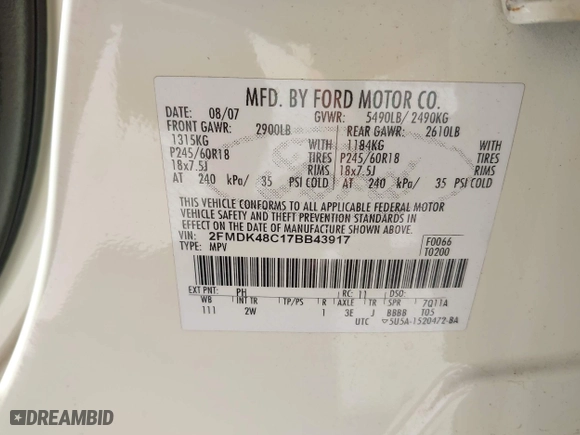2007 Ford Edge SEL with VIN 2FMDK48C17BB43917, listed as a IAAI auction lot 42109444 with 156,813 mi miles. Bid and sale history available at carsss.com. Image 9.