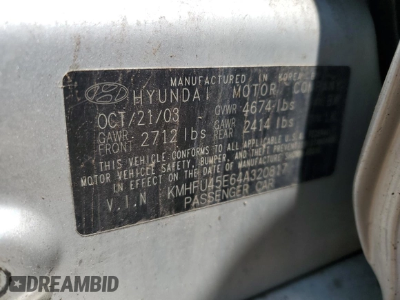 2004 Hyundai XG z VIN KMHFU45E64A320817, wystawiony jako Copart lot #58951955 z przebiegiem 179 978 mil mil oraz Nie do naprawy • Non repairable. Historia ofert i sprzedaży dostępna na DreamBid. Obrazek 12.