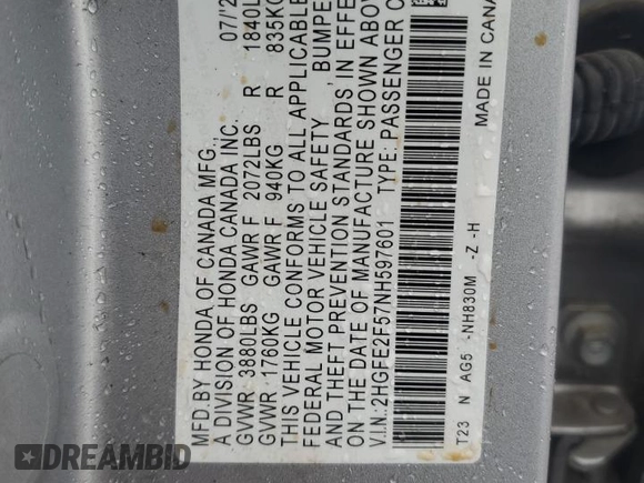 2022 Honda Civic Sport z VIN 2HGFE2F57NH597601, wystawiony jako Copart lot #55588515 z przebiegiem 12 576 mil mil oraz Szkoda całkowita • Salvage title. Historia ofert i sprzedaży dostępna na DreamBid. Obrazek 12.