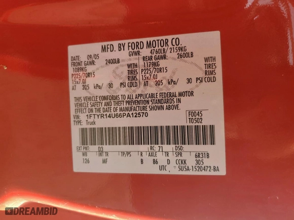 2006 Ford Ranger XL with VIN 1FTYR14U66PA12570, listed as a Copart auction lot 48135595 with 141,454 mi miles and Salvage Title. Bid and sale history available at carsss.com. Image 12.