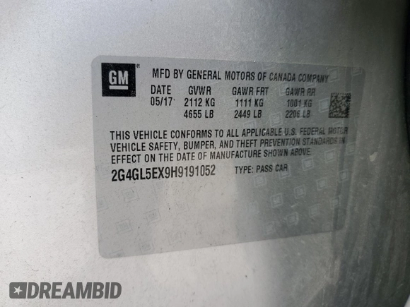 2017 Buick Regal Sport Touring with VIN 2G4GL5EX9H9191052, listed as a Copart auction lot 51846545 with Not provided miles and Salvage title. Bid and sale history available at DreamBid. Image 12.
