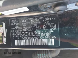 2012 Hyundai Veracruz Limited with VIN KM8NU4CC3CU204405, listed as a IAAI auction lot 41746201 with 171,303 mi miles and . Bid and sale history available at DreamBid. Image 9.