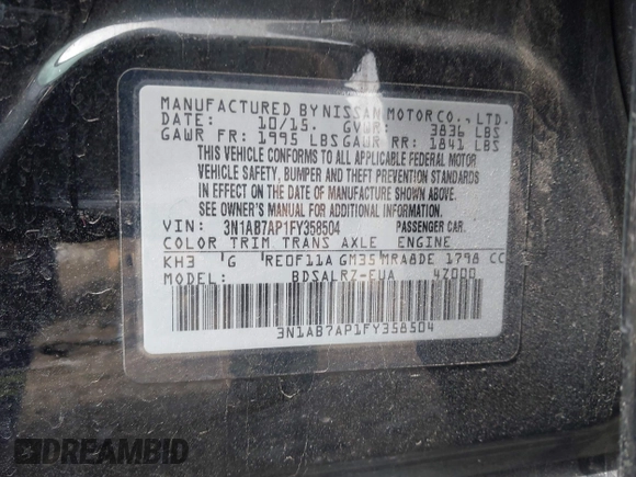 2015 Nissan Sentra SV with VIN 3N1AB7AP1FY358504, listed as a IAAI auction lot 42036410 with 145,072 mi miles and . Bid and sale history available at DreamBid. Image 9.