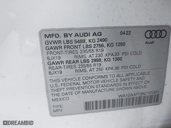 2022 Audi Q5 S line Premium with VIN WA1GAAFY3N2101201, listed as a IAAI auction lot 41263245 with 28,361 mi miles. Bid and sale history available at carsss.com. Image 9.
