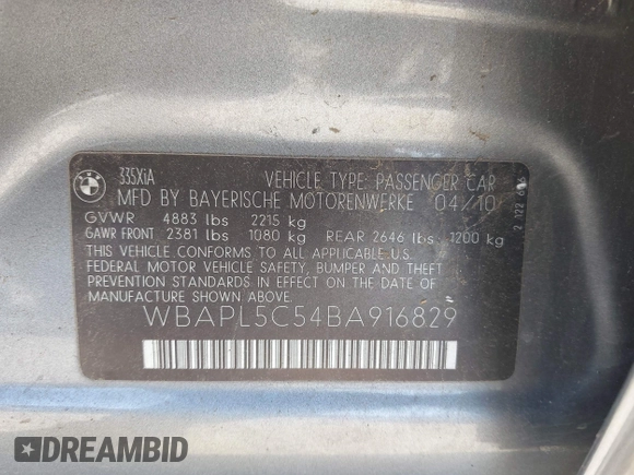 2011 BMW 3 Series 335i xDrive с VIN WBAPL5C54BA916829, выставлен на аукционе IAAI как лот 41760447 с пробегом 133 057 миль миль и . История ставок и продаж доступна на DreamBid. Изображение 9.