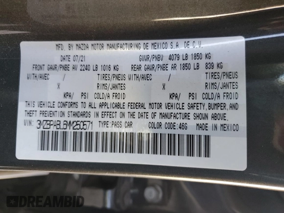2021 Mazda 3 Select with VIN 3MZBPABL6MM250571, listed as a Copart auction lot 54455515 with 33,460 mi miles and Salvage title. Bid and sale history available at DreamBid. Image 12.