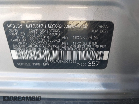 2021 Mitsubishi Outlander Sport ES with VIN JA4ARUAU5MU031062, listed as a IAAI auction lot 41416491 with 42,777 mi miles. Bid and sale history available at carsss.com. Image 9.