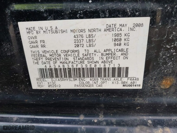 2009 Mitsubishi Galant ES with VIN 4A3AB36F39E018713, listed as a IAAI auction lot 41643162 with 181706 miles. Bid and sale history available at carsss.com. Image 9.