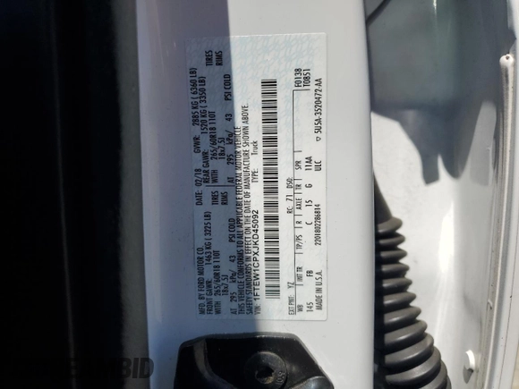 2018 Ford F-150 XL with VIN 1FTEW1CPXJKD45092, listed as a Copart auction lot 57289105 with 96,011 mi miles and Salvage title. Bid and sale history available at DreamBid. Image 12.
