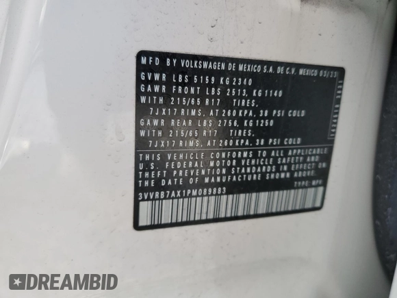 2023 Volkswagen Tiguan S z VIN 3VVRB7AX1PM089883, wystawiony jako Copart lot #43635945 z przebiegiem 34 474 mil mil oraz Nie do naprawy • Non repairable. Historia ofert i sprzedaży dostępna na DreamBid. Obrazek 14.