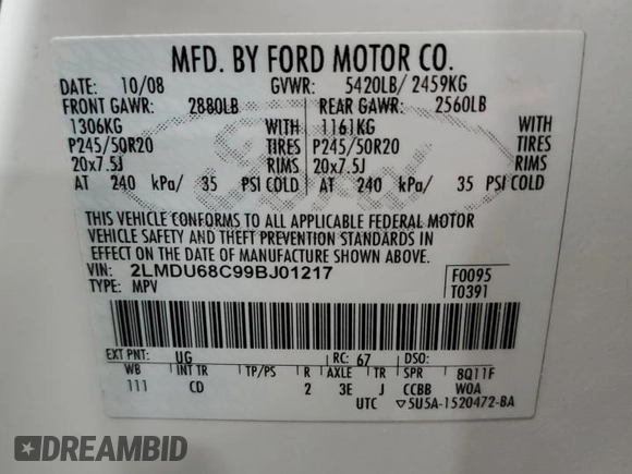 2009 Lincoln MKX with VIN 2LMDU68C99BJ01217, listed as a Copart auction lot 86025114 with Not Provided miles and Salvage Title. Bid and sale history available at DreamBid. Image 13.