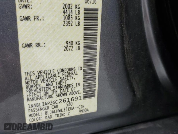 2016 Nissan Altima SR with VIN 1N4BL3AP2GC261691, listed as a Copart auction lot 59661695 with 101,846 mi miles and Salvage title. Bid and sale history available at DreamBid. Image 12.