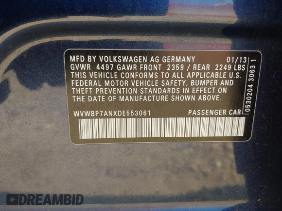 2013 Volkswagen CC Sport Plus z VIN WVWBP7ANXDE553061, wystawiony jako IAAI lot #42468114 z przebiegiem 106 812 mil mil oraz . Historia ofert i sprzedaży dostępna na DreamBid. Obrazek 9.