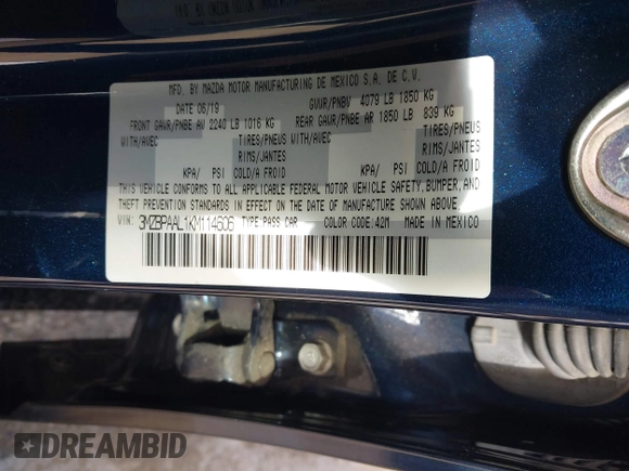 2019 Mazda 3 w/Select with VIN 3MZBPAAL1KM114606, listed as a IAAI auction lot 41424576 with 65,187 mi miles. Bid and sale history available at carsss.com. Image 9.