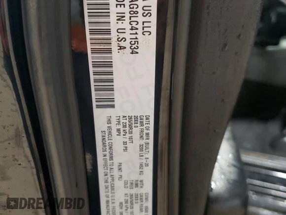 2020 Dodge Durango SXT Plus with VIN 1C4RDJAG8LC411534, listed as a Copart auction lot 44941505 with 56,203 mi miles and Salvage Title. Bid and sale history available at DreamBid. Image 13.