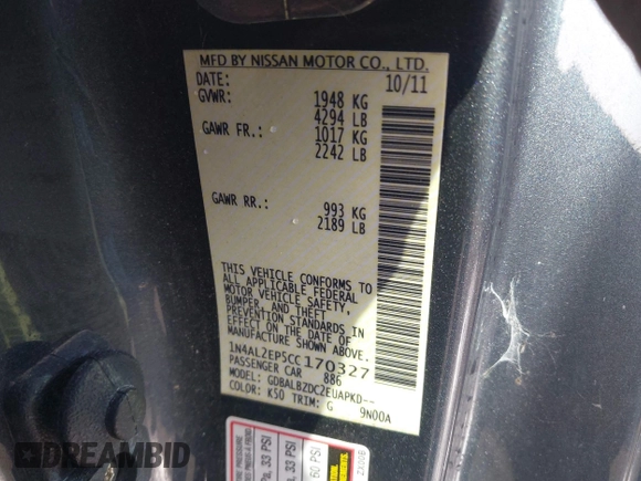2012 Nissan Altima S with VIN 1N4AL2EP5CC170327, listed as a IAAI auction lot 41786400 with 81,632 mi miles and . Bid and sale history available at DreamBid. Image 9.
