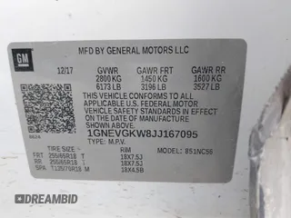2018 Chevrolet Traverse LT Cloth z VIN 1GNEVGKW8JJ167095, wystawiony jako IAAI lot #41479356 z przebiegiem 98 615 mil mil oraz . Historia ofert i sprzedaży dostępna na DreamBid. Obrazek 9.