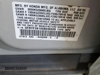 2006 Honda Pilot LX with VIN 5FNYF281X6B036928, listed as a Copart auction lot 46869695 with 165,249 mi miles and Salvage title. Bid and sale history available at DreamBid. Image 14.