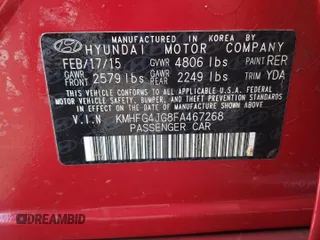 2015 Hyundai Azera with VIN KMHFG4JG8FA467268, listed as a Copart auction lot 47609165 with 143,859 mi miles and Salvage Title. Bid and sale history available at DreamBid. Image 12.