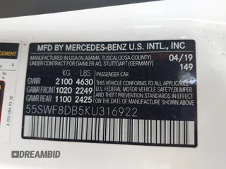 2019 Mercedes-Benz C 300 with VIN 55SWF8DB5KU316922, listed as a IAAI auction lot 41522138 with 96,038 mi miles and . Bid and sale history available at DreamBid. Image 9.