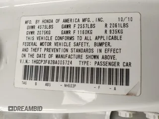 2011 Honda Accord EX-L with VIN 1HGCP3F82BA005724, listed as a IAAI auction lot 41782121 with 184,223 mi miles and . Bid and sale history available at DreamBid. Image 9.