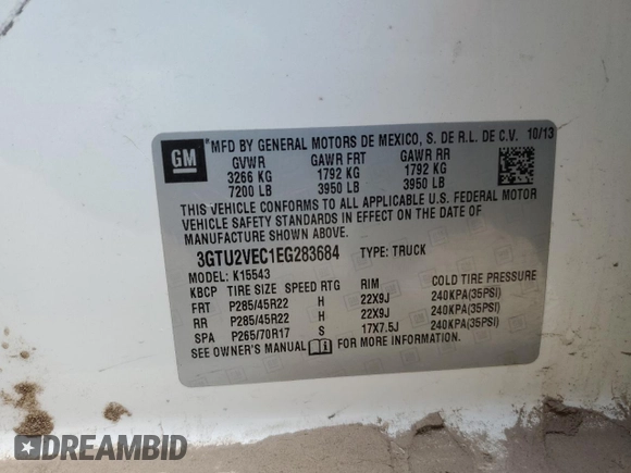2014 GMC Sierra 1500 SLT z VIN 3GTU2VEC1EG283684, wystawiony jako Copart lot #57034185 z przebiegiem 161 659 mil mil oraz Szkoda całkowita • Salvage title. Historia ofert i sprzedaży dostępna na DreamBid. Obrazek 12.