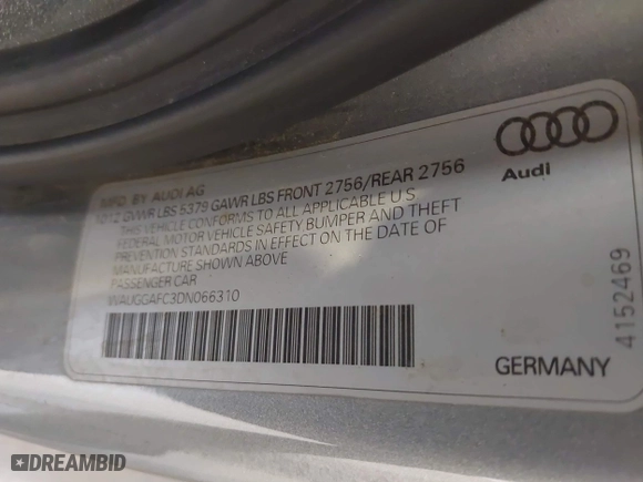 2013 Audi A6 3.0T Premium Plus with VIN WAUGGAFC3DN066310, listed as a IAAI auction lot 42020702 with 195,939 mi miles. Bid and sale history available at carsss.com. Image 9.