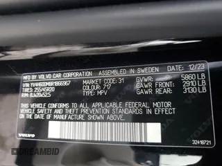 2024 Volvo XC60 Recharge Plug-In Hybrid Ultimate Dark Theme with VIN YV4H60DM8R1866967, listed as a Copart auction lot 81255994 with 330 mi miles and Salvage Title. Bid and sale history available at carsss.com. Image 14.