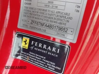2011 Ferrari 458 Italia z VIN ZFF67NFA4B0179652, wystawiony jako IAAI lot #40499917 z przebiegiem Nie podano mil oraz . Historia ofert i sprzedaży dostępna na DreamBid. Obrazek 9.