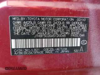 2010 Lexus IS 250 with VIN JTHBF5C26A5120048, listed as a Copart auction lot 51120655 with Not Provided miles and Salvage Title. Bid and sale history available at carsss.com. Image 12.