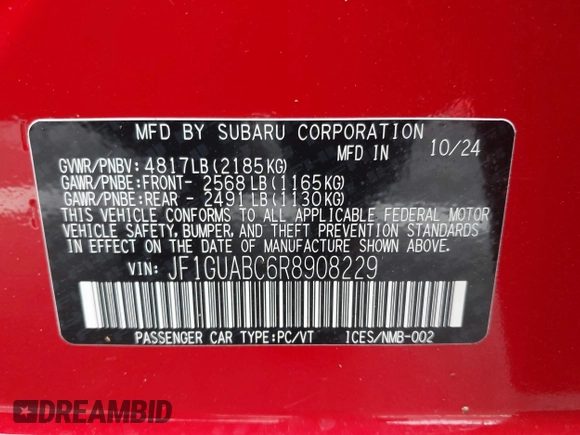2024 Subaru Impreza with VIN JF1GUABC6R8908229, listed as a IAAI auction lot 41804590 with Not provided miles and . Bid and sale history available at DreamBid. Image 9.