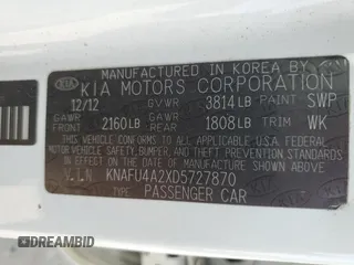 2013 Kia Forte EX with VIN KNAFU4A2XD5727870, listed as a Copart auction lot 68714814 with 119,984 mi miles and Salvage Title. Bid and sale history available at carsss.com. Image 12.