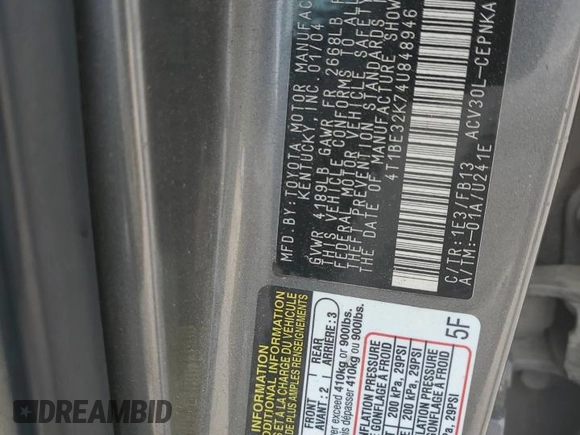 2004 Toyota Camry LE z VIN 4T1BE32K74U848946, wystawiony jako Copart lot #56030995 z przebiegiem Nie podano mil oraz Szkoda całkowita • Salvage title. Historia ofert i sprzedaży dostępna na DreamBid. Obrazek 12.