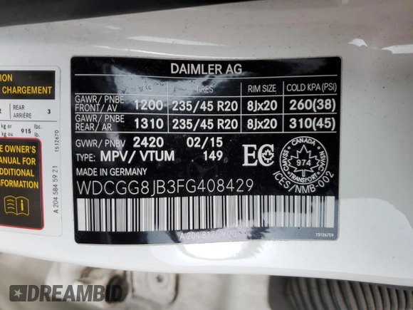 2015 Mercedes-Benz GLK 350 with VIN WDCGG8JB3FG408429, listed as a Copart auction lot 49486745 with 192,463 mi miles and Salvage Title. Bid and sale history available at DreamBid. Image 14.