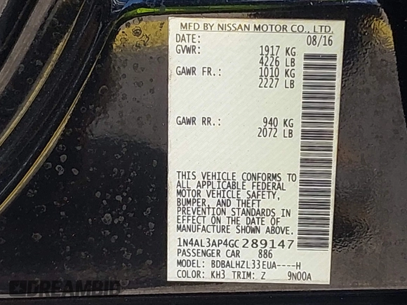 2016 Nissan Altima SR with VIN 1N4AL3AP4GC289147, listed as a IAAI auction lot 42159067 with 105,112 mi miles and . Bid and sale history available at carsss.com. Image 9.