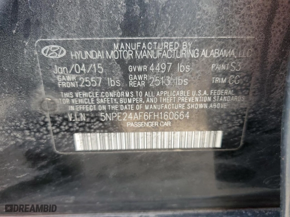 2015 Hyundai Sonata 2.4L SE with VIN 5NPE24AF6FH160664, listed as a Copart auction lot 54122865 with 179,972 mi miles and Clean Title. Bid and sale history available at carsss.com. Image 12.