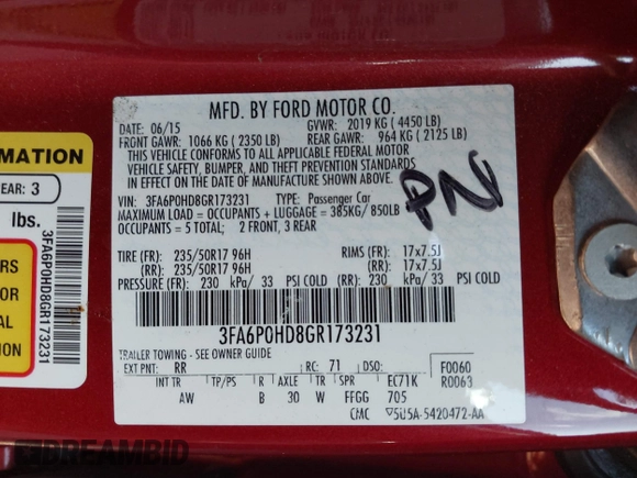 2016 Ford Fusion SE with VIN 3FA6P0HD8GR173231, listed as a IAAI auction lot 42105409 with 102,655 mi miles. Bid and sale history available at carsss.com. Image 9.