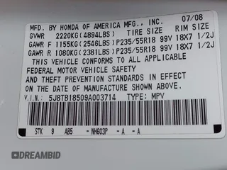 2009 Acura RDX Technology with VIN 5J8TB18509A003714, listed as a IAAI auction lot 42135170 with 195,040 mi miles and . Bid and sale history available at carsss.com. Image 9.