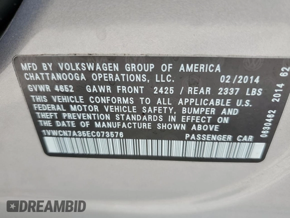 2014 Volkswagen Passat SEL Premium z VIN 1VWCN7A35EC073576, wystawiony jako Copart lot #52810825 z przebiegiem 113 067 mil mil oraz Szkoda całkowita • Salvage title. Historia ofert i sprzedaży dostępna na DreamBid. Obrazek 14.