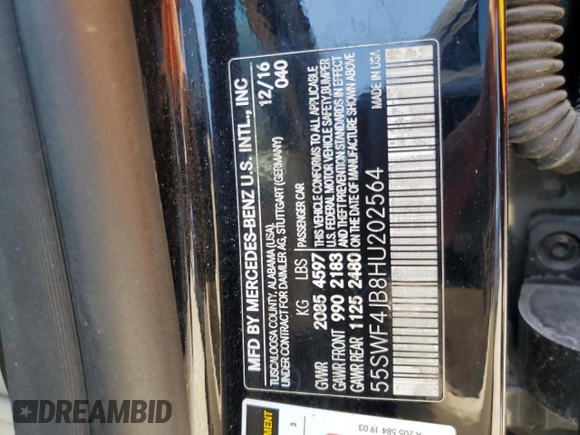 2017 Mercedes-Benz C 300 with VIN 55SWF4JB8HU202564, listed as a Copart auction lot 61966795 with 174,198 mi miles and Clean title. Bid and sale history available at DreamBid. Image 12.