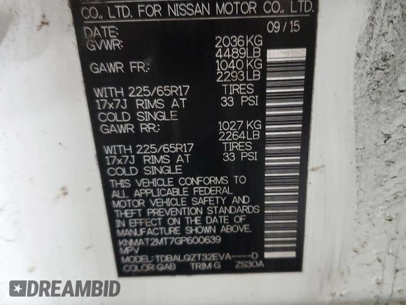 2016 Nissan Rogue SV with VIN KNMAT2MT7GP600639, listed as a Copart auction lot 41833705 with 63,773 mi miles and Salvage Title. Bid and sale history available at carsss.com. Image 14.
