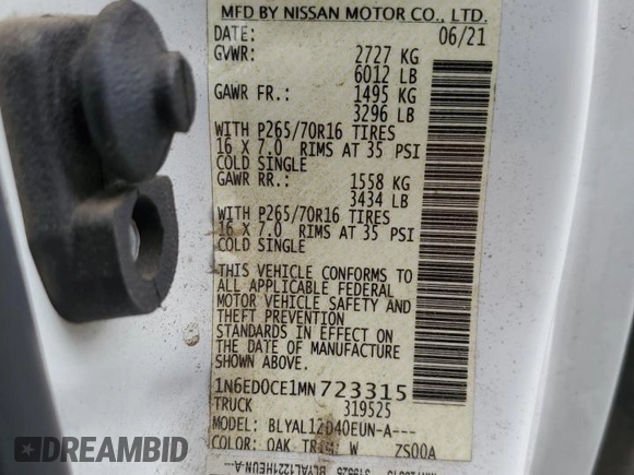 2021 Nissan Frontier S with VIN 1N6ED0CE1MN723315, listed as a Copart auction lot 56934675 with 111,788 mi miles and Salvage title. Bid and sale history available at DreamBid. Image 12.