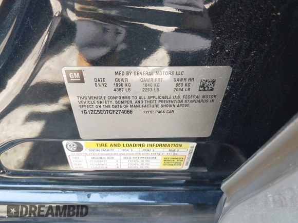 2012 Chevrolet Malibu 1LT with VIN 1G1ZC5E07CF274066, listed as a IAAI auction lot 41900236 with 171,092 mi miles and . Bid and sale history available at DreamBid. Image 9.